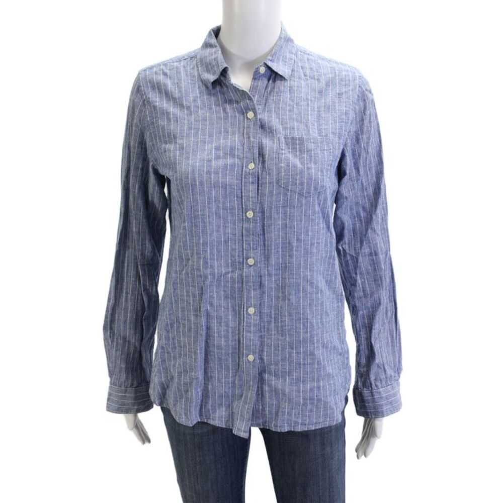 Birds of Paradis Women Blue Striped Button-Up Long Sleeve Top Size XS